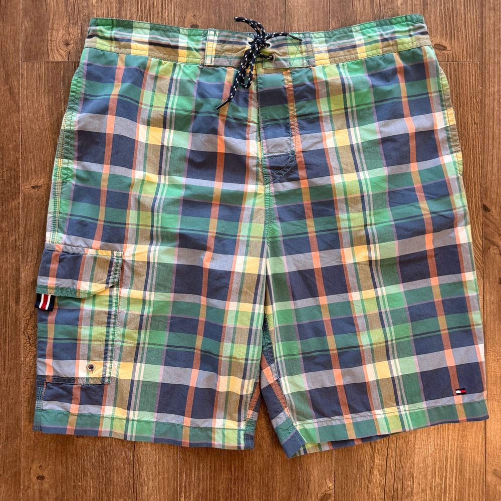 Tommy Hilfiger Swim Trunks Mens Large Green Blue Plaid Cargo Pocket Board Shorts